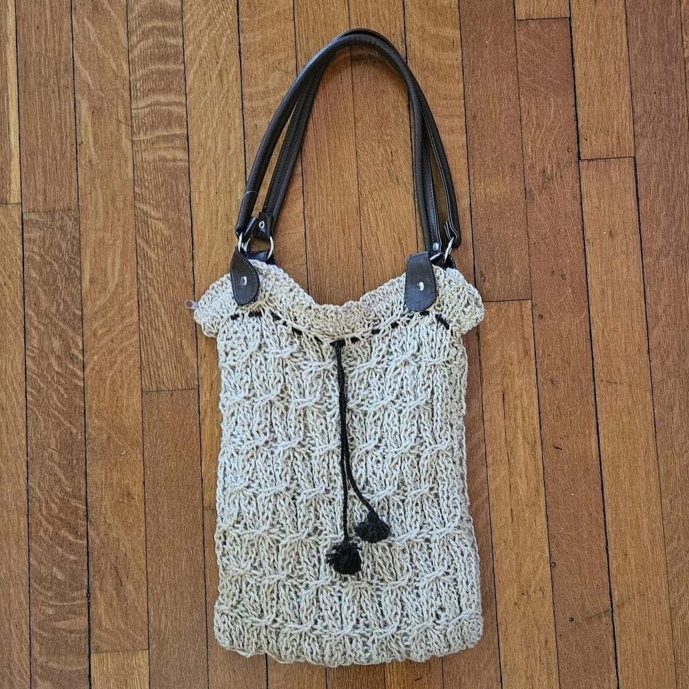 Woven Crochet Tote Bag with Black Handles